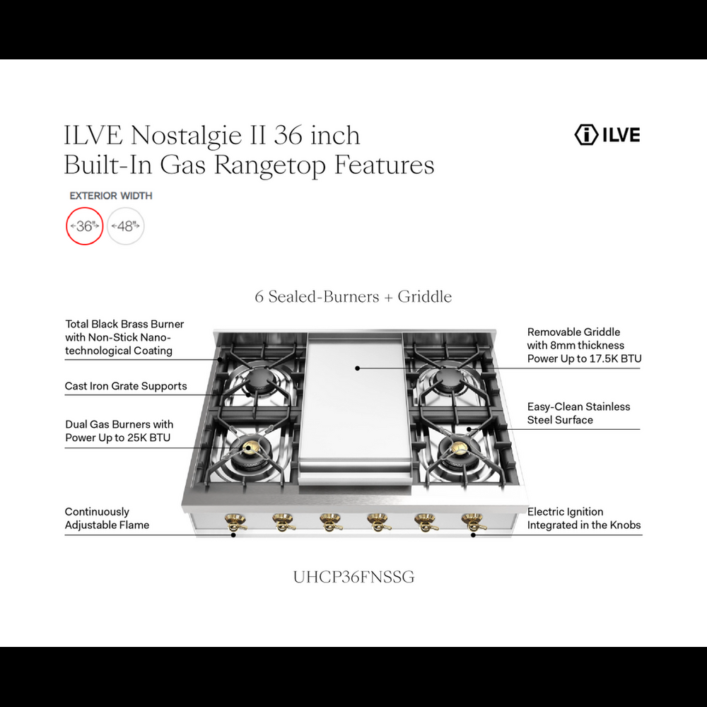 ILVE Nostalgie II 36 inch Built-In Gas Rangetop with 6 Burners and Griddle, in Stainless Steel - image 9