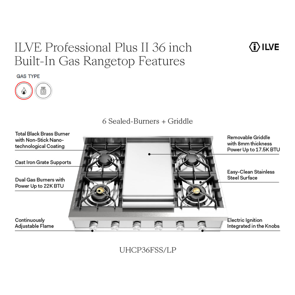 ILVE Professional Plus II 36 inch Built-In Gas Rangetop with Griddle, in Stainless Steel - image 3