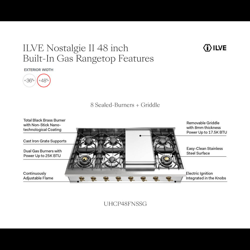 ILVE Nostalgie II 48 inch Built-In Gas Rangetop with Griddle, in Stainless Steel - image 9