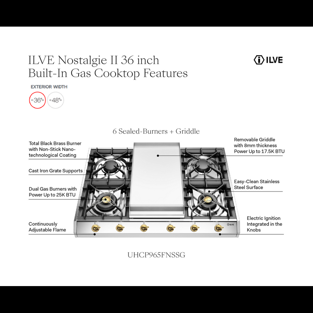 ILVE Nostalgie II 36 inch Gas Cooktop with Griddle, in Stainless Steel - image 7