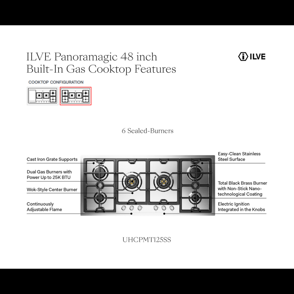 ILVE Panoramagic 48 inch Built-In Gas Cooktop with Total Black Brass Burners, in Stainless Steel - image 5