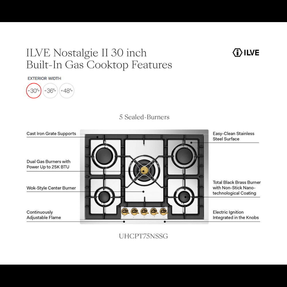 ILVE Nostalgie II 30 inch Built-In Gas Cooktop with 5 Burners, in Stainless Steel - image 5
