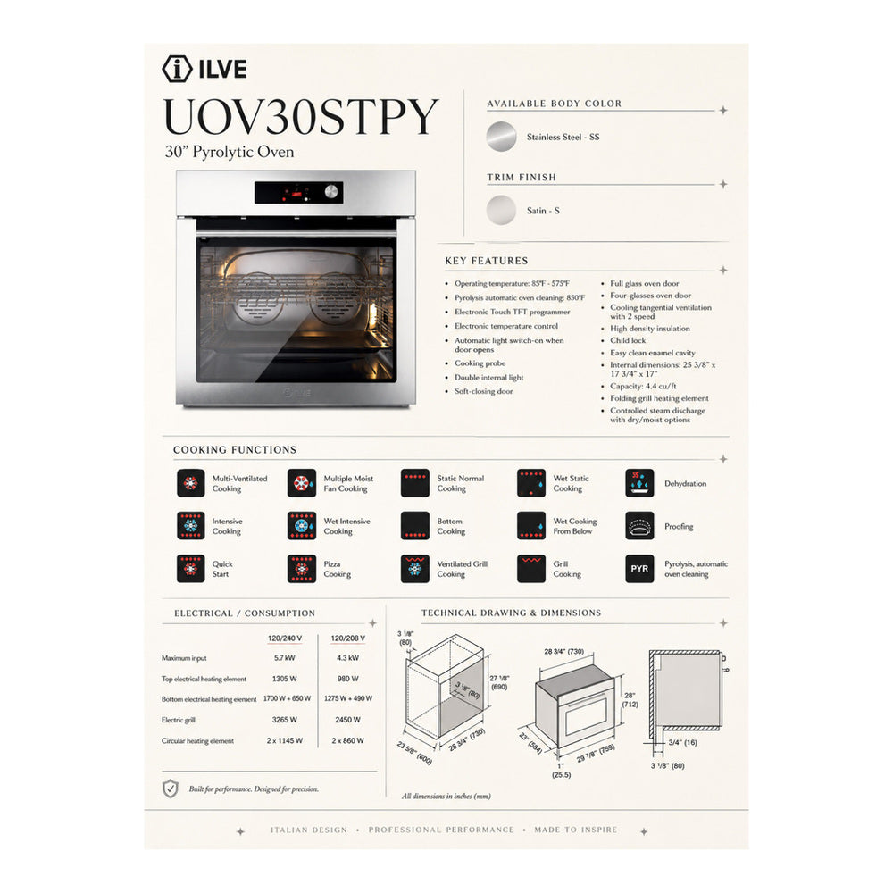 ILVE Professional Plus II 30 inch Pyrolytic Single Wall Oven with 4.4 cu. ft. Capacity (Stainless Steel) - image 2