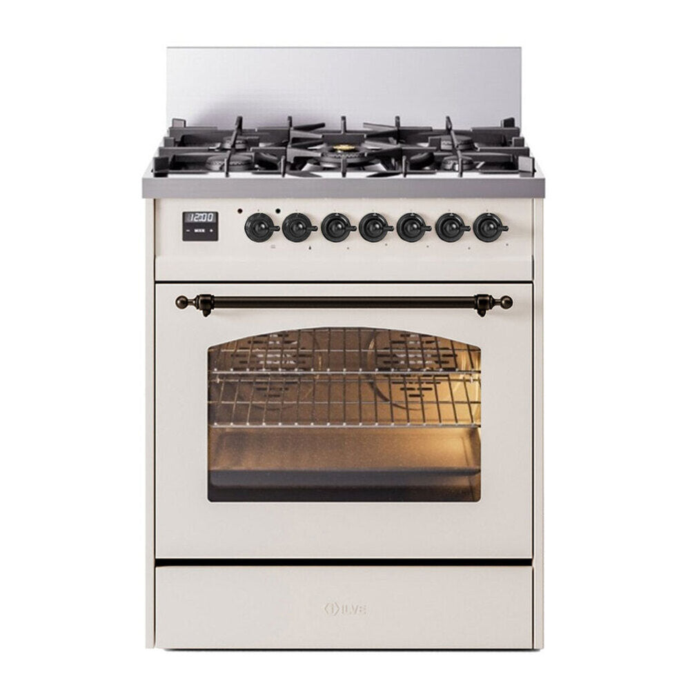 ILVE Nostalgie II 30" Dual Fuel Range - 5 Burners, 4.0 cu. ft. Oven - Triple Glass Door - Antique White / Bronze / Natural Gas