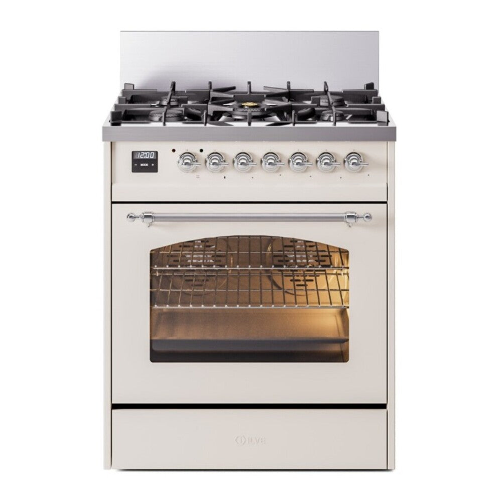 ILVE Nostalgie II 30" Dual Fuel Range - 5 Burners, 4.0 cu. ft. Oven - Triple Glass Door - Antique White / Chrome / Natural Gas