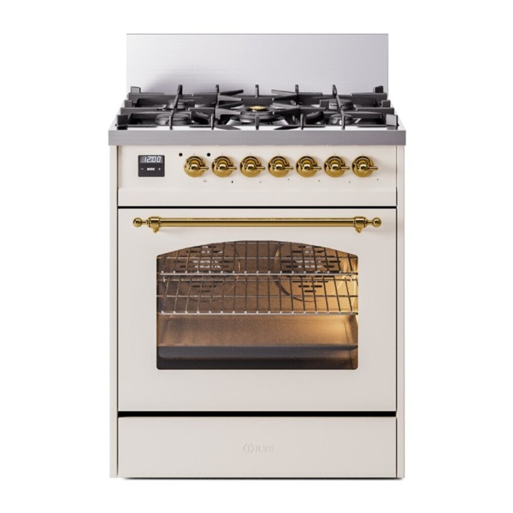 ILVE Nostalgie II 30" Dual Fuel Range - 5 Burners, 4.0 cu. ft. Oven - Triple Glass Door - Antique White / Brass / Natural Gas