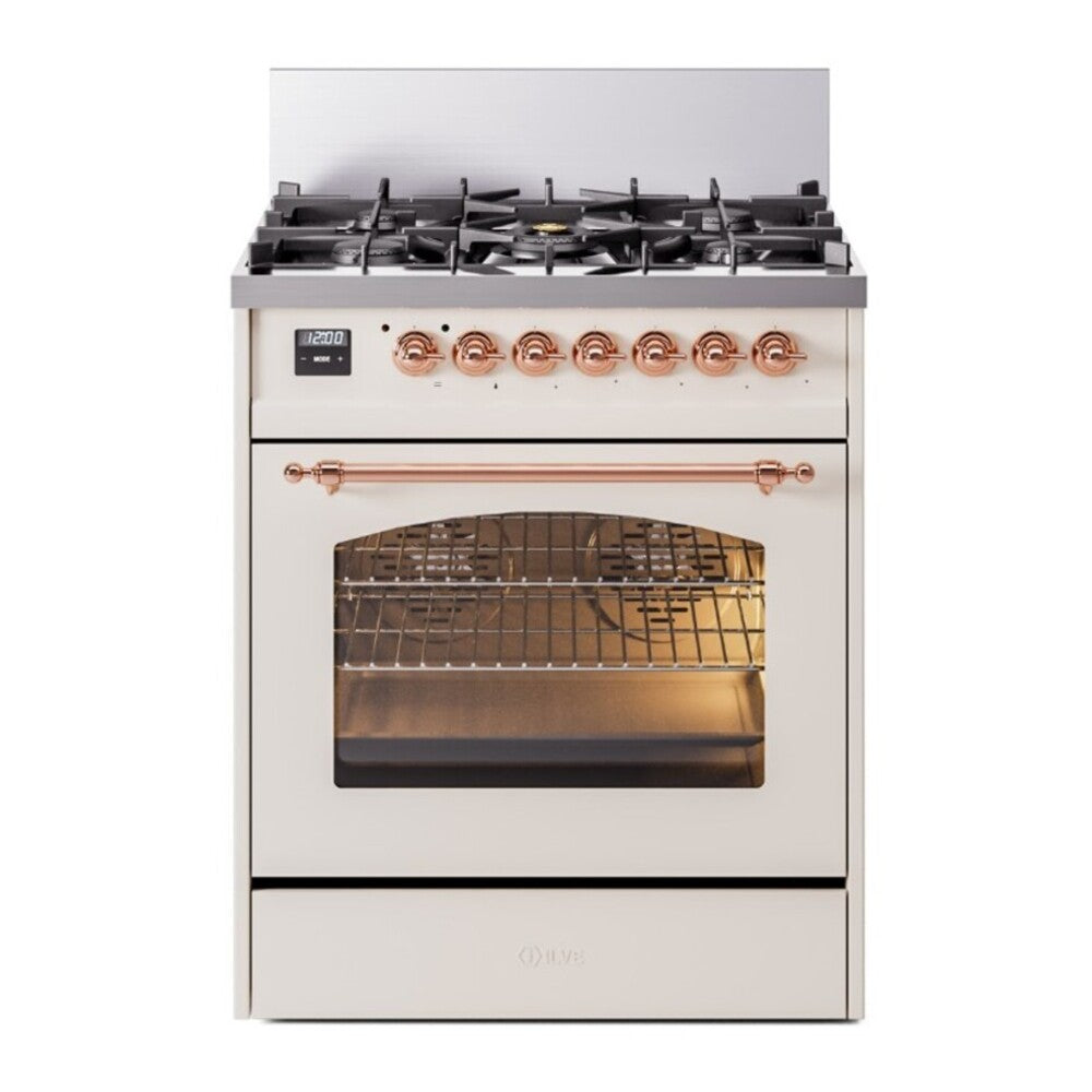ILVE Nostalgie II 30" Dual Fuel Range - 5 Burners, 4.0 cu. ft. Oven - Triple Glass Door - Antique White / Copper / Natural Gas