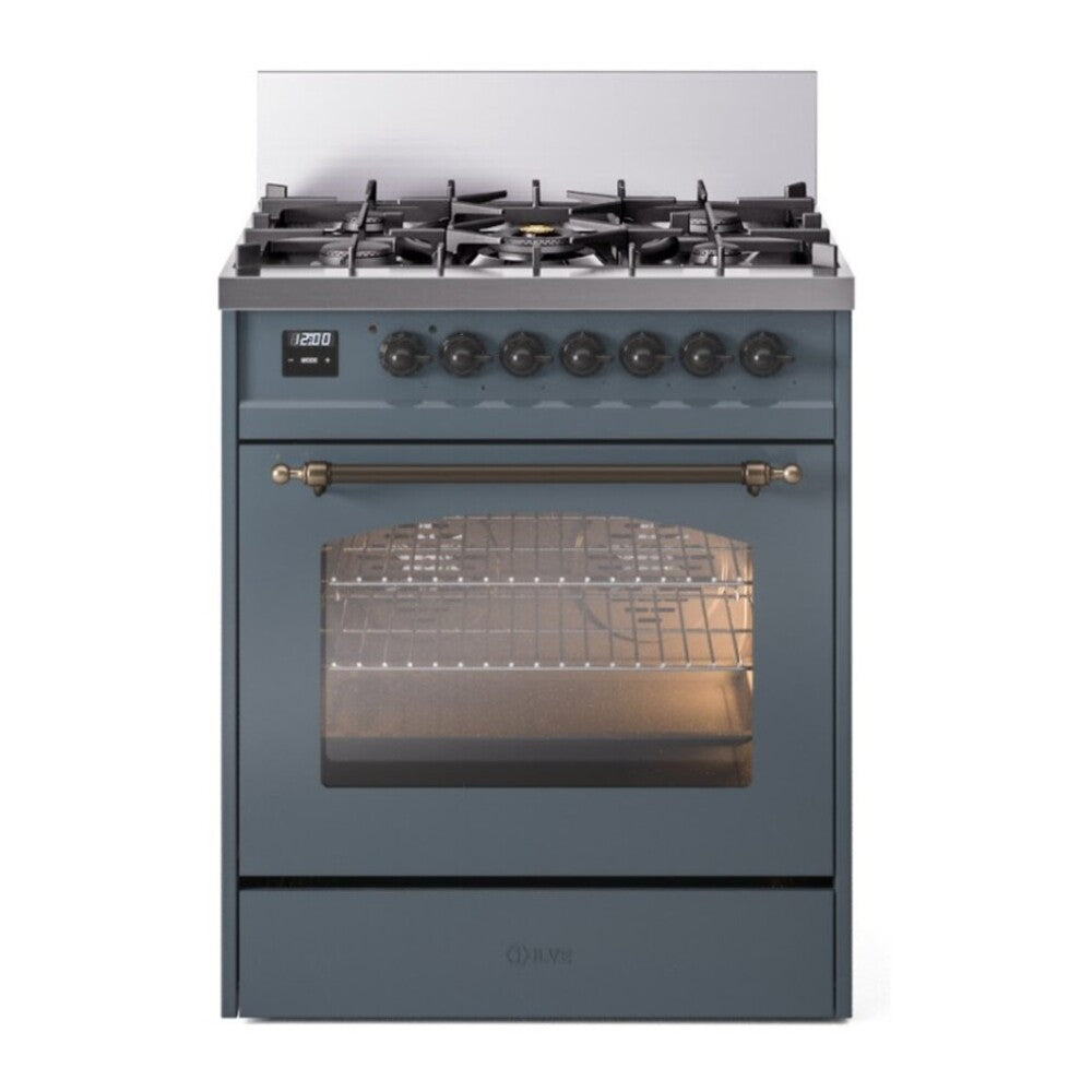 ILVE Nostalgie II 30" Dual Fuel Range - 5 Burners, 4.0 cu. ft. Oven - Triple Glass Door - Blue Grey / Bronze / Natural Gas