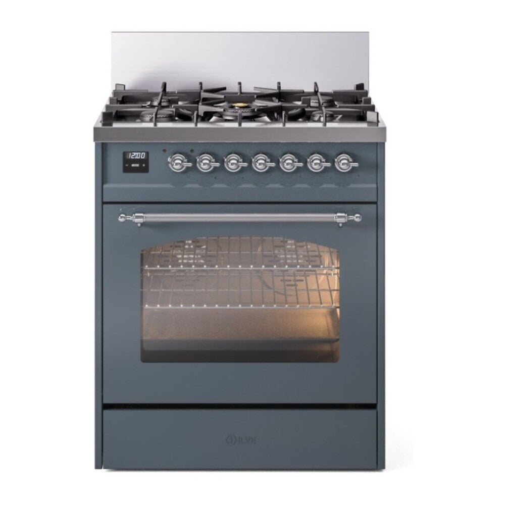ILVE Nostalgie II 30" Dual Fuel Range - 5 Burners, 4.0 cu. ft. Oven - Triple Glass Door - Blue Grey / Chrome / Natural Gas