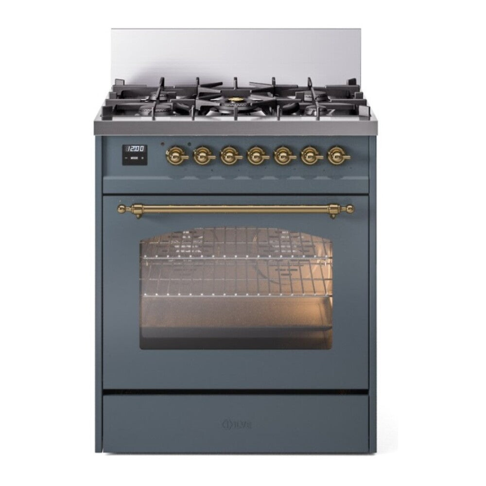 ILVE Nostalgie II 30" Dual Fuel Range - 5 Burners, 4.0 cu. ft. Oven - Triple Glass Door - Blue Grey / Brass / Natural Gas