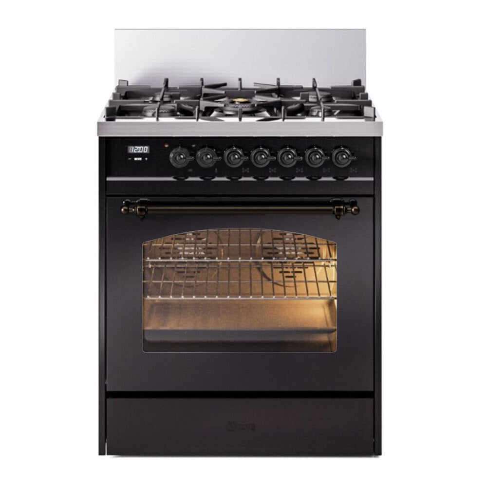 ILVE Nostalgie II 30" Dual Fuel Range - 5 Burners, 4.0 cu. ft. Oven - Triple Glass Door - Glossy Black / Bronze / Natural Gas