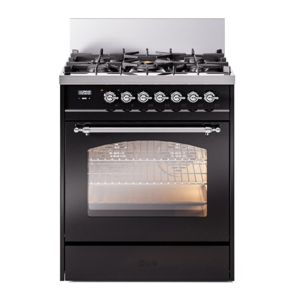ILVE Nostalgie II 30" Dual Fuel Range - 5 Burners, 4.0 cu. ft. Oven - Triple Glass Door - Glossy Black / Chrome / Natural Gas