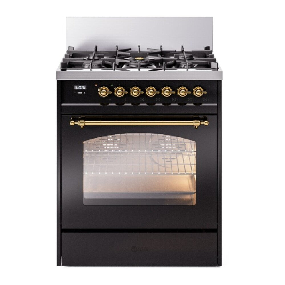 ILVE Nostalgie II 30" Dual Fuel Range - 5 Burners, 4.0 cu. ft. Oven - Triple Glass Door - Glossy Black / Brass / Natural Gas