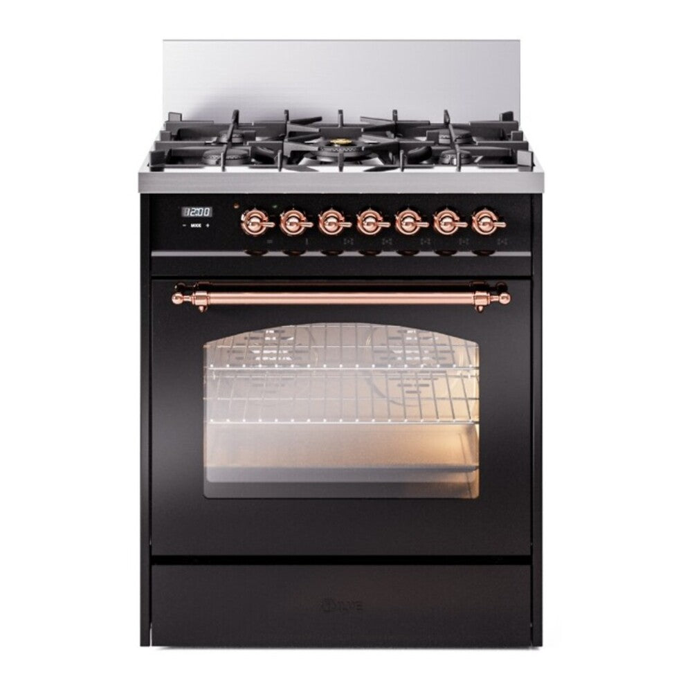 ILVE Nostalgie II 30" Dual Fuel Range - 5 Burners, 4.0 cu. ft. Oven - Triple Glass Door - Glossy Black / Copper / Natural Gas