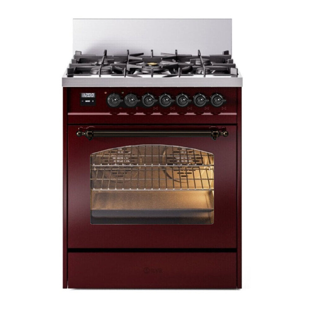 ILVE Nostalgie II 30" Dual Fuel Range - 5 Burners, 4.0 cu. ft. Oven - Triple Glass Door - Burgundy / Bronze / Natural Gas