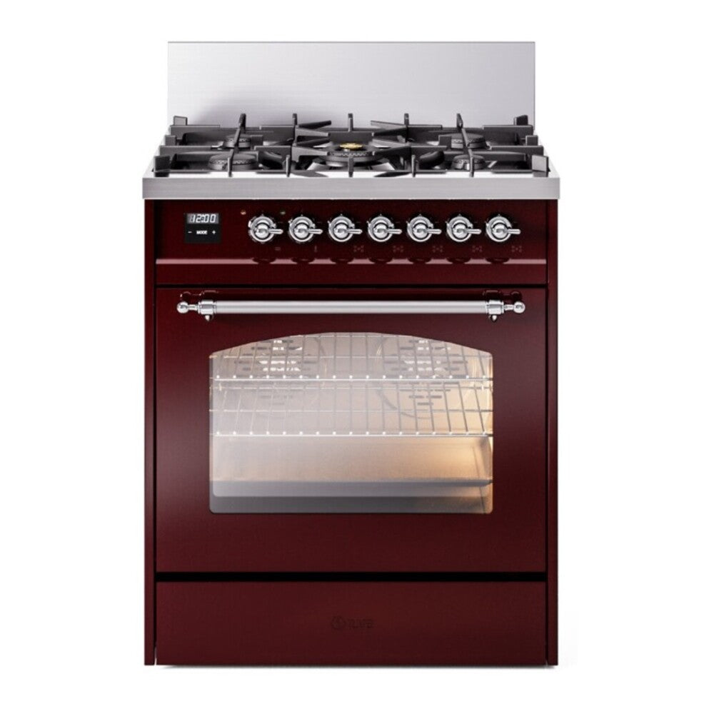 ILVE Nostalgie II 30" Dual Fuel Range - 5 Burners, 4.0 cu. ft. Oven - Triple Glass Door - Burgundy / Chrome / Natural Gas