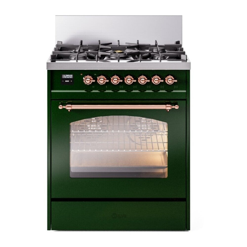 ILVE Nostalgie II 30" Dual Fuel Range - 5 Burners, 4.0 cu. ft. Oven - Triple Glass Door - Emerald Green / Copper / Natural Gas