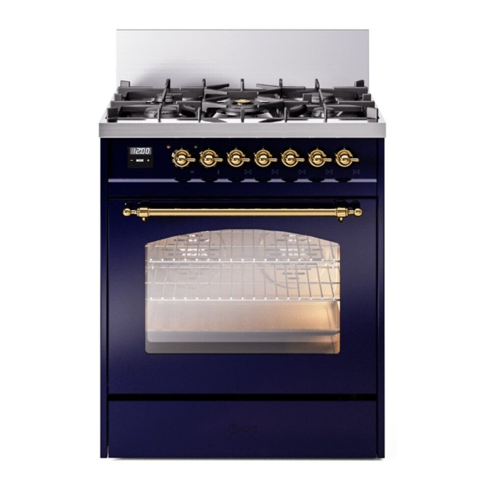 ILVE Nostalgie II 30" Dual Fuel Range - 5 Burners, 4.0 cu. ft. Oven - Triple Glass Door - Midnight Blue / Brass / Natural Gas