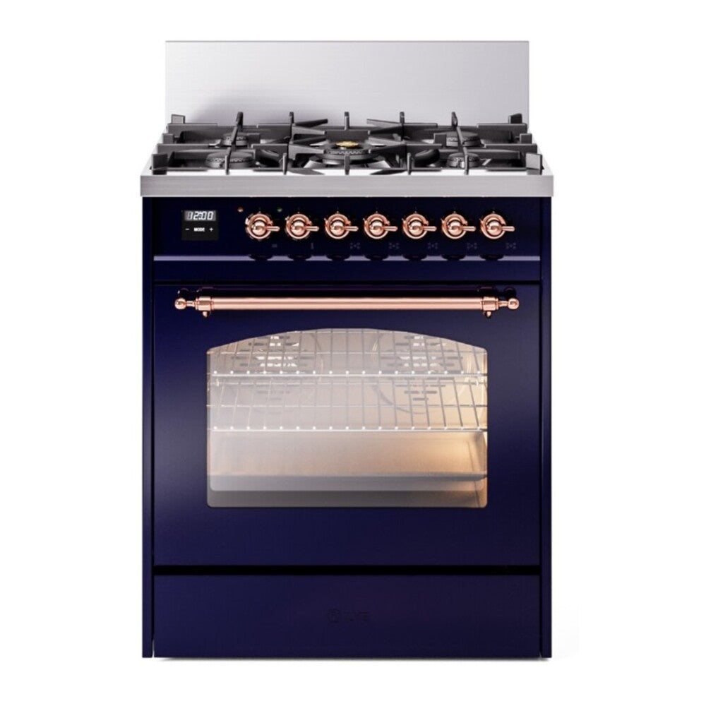 ILVE Nostalgie II 30" Dual Fuel Range - 5 Burners, 4.0 cu. ft. Oven - Triple Glass Door - Midnight Blue / Copper / Natural Gas