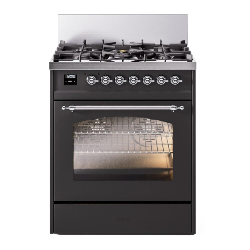 ILVE Nostalgie II 30" Dual Fuel Range - 5 Burners, 4.0 cu. ft. Oven - Triple Glass Door - Graphite Matte / Chrome / Natural Gas