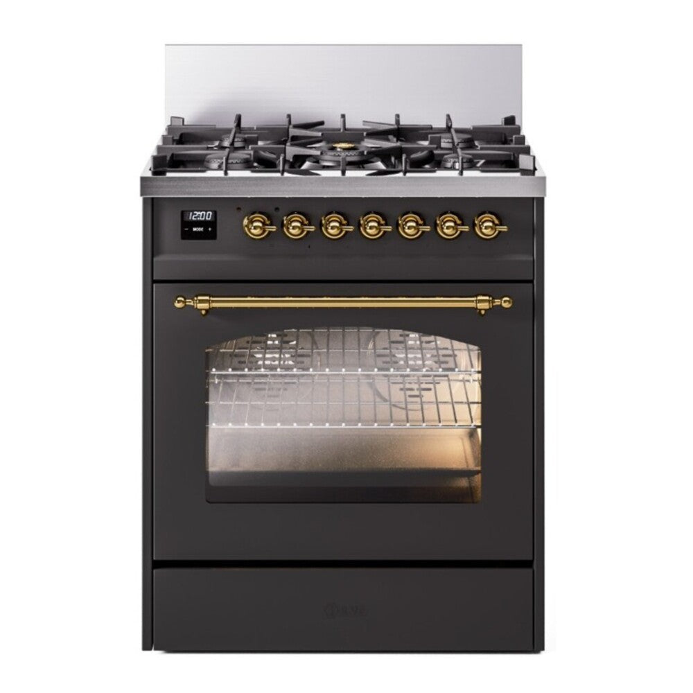 ILVE Nostalgie II 30" Dual Fuel Range - 5 Burners, 4.0 cu. ft. Oven - Triple Glass Door - Graphite Matte / Brass / Natural Gas