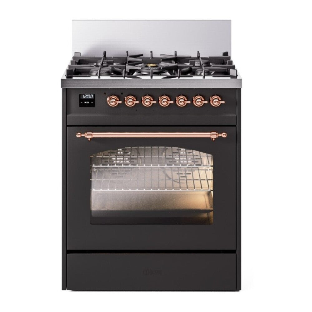 ILVE Nostalgie II 30" Dual Fuel Range - 5 Burners, 4.0 cu. ft. Oven - Triple Glass Door - Graphite Matte / Copper / Natural Gas