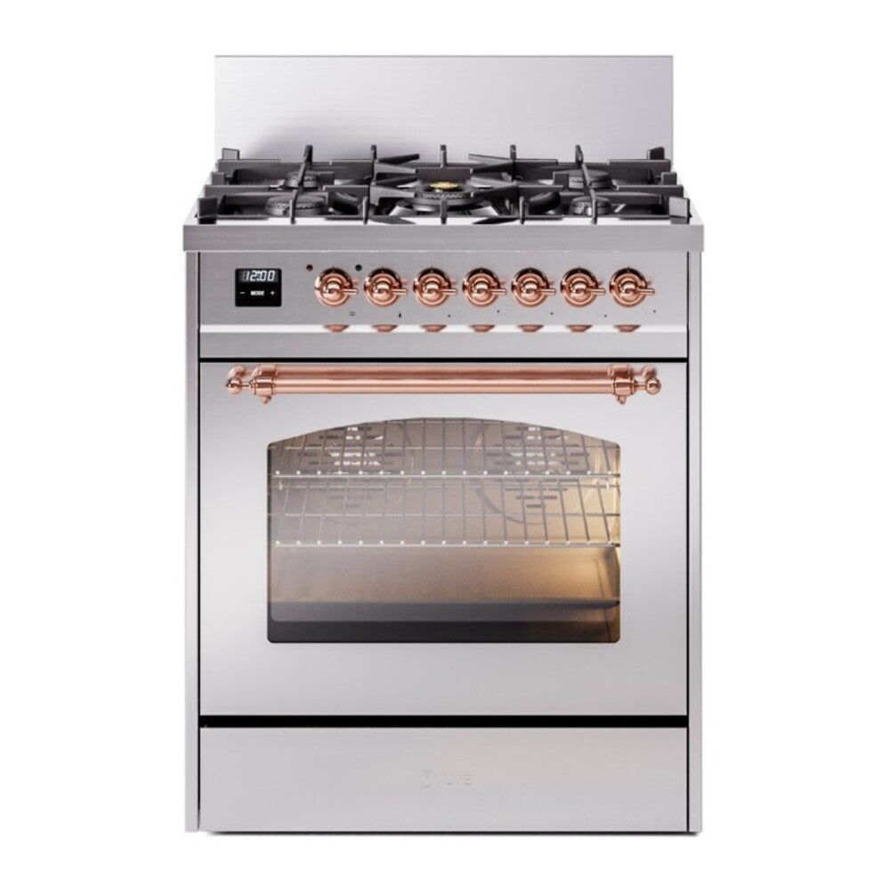 ILVE Nostalgie II 30" Dual Fuel Range - 5 Burners, 4.0 cu. ft. Oven - Triple Glass Door - Stainless Steel / Copper / Natural Gas