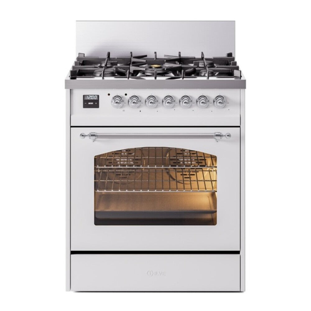 ILVE Nostalgie II 30" Dual Fuel Range - 5 Burners, 4.0 cu. ft. Oven - Triple Glass Door - White / Chrome / Natural Gas