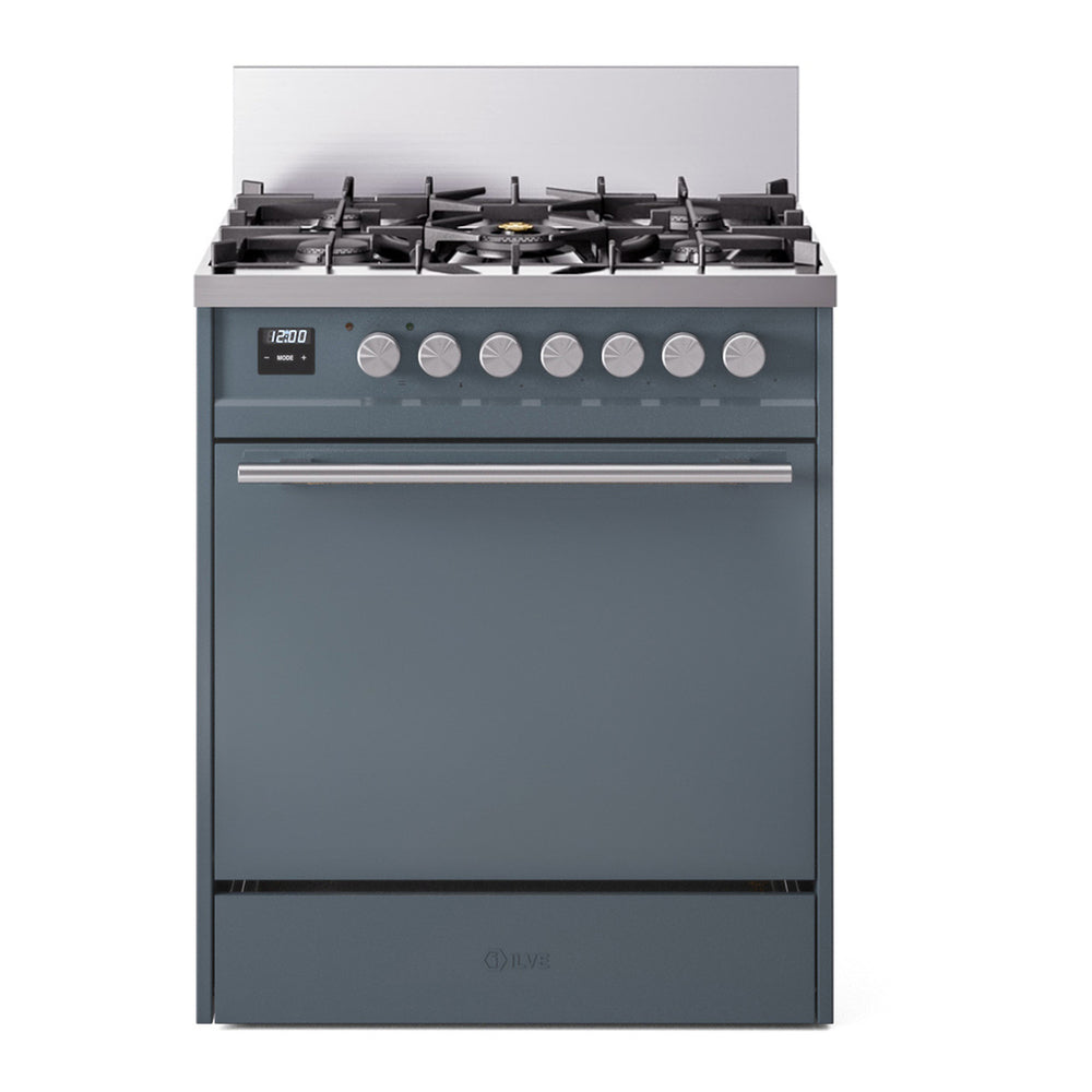 ILVE Professional Plus II 30" Dual Fuel Range - 5-Burner Professional Range, 4.0 cu. ft. Oven - Solid Door - Blue Grey / Natural Gas