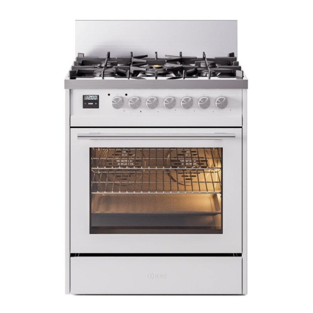 ILVE Professional Plus II 30" Dual Fuel Range - 5-Burner Professional Range, 4.0 cu. ft. Oven - Triple Glass Door - White / Natural Gas