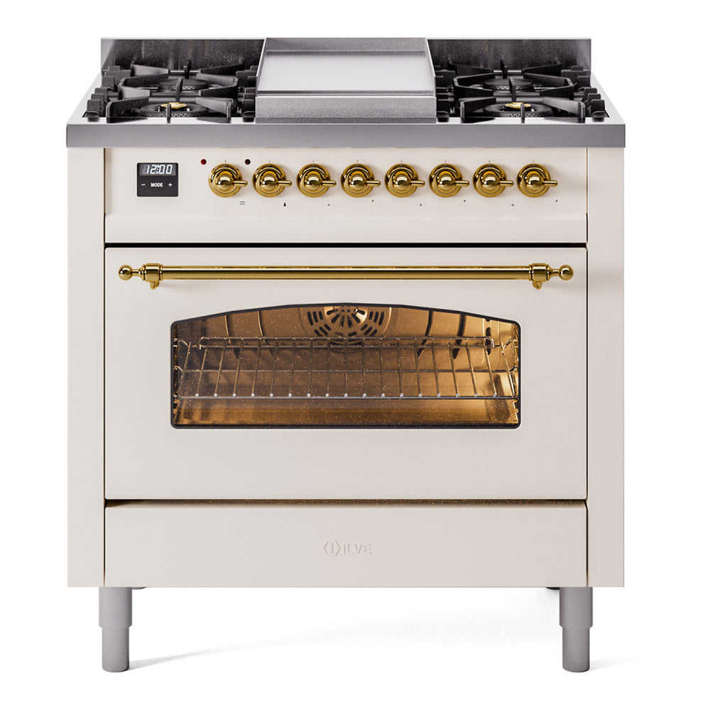 ILVE Nostalgie II 36" Dual Fuel Range - 6 Burners + Griddle, 3.5 cu. ft. Oven - Triple Glass Door - Antique White / Brass / Natural Gas