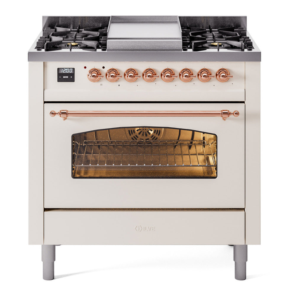 ILVE Nostalgie II 36" Dual Fuel Range - 6 Burners + Griddle, 3.5 cu. ft. Oven - Triple Glass Door - Antique White / Copper / Natural Gas