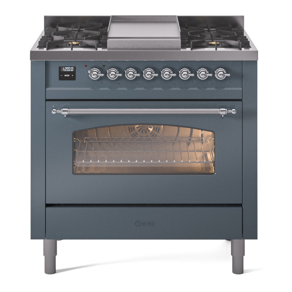 ILVE Nostalgie II 36" Dual Fuel Range - 6 Burners + Griddle, 3.5 cu. ft. Oven - Triple Glass Door - Blue Grey / Chrome / Natural Gas