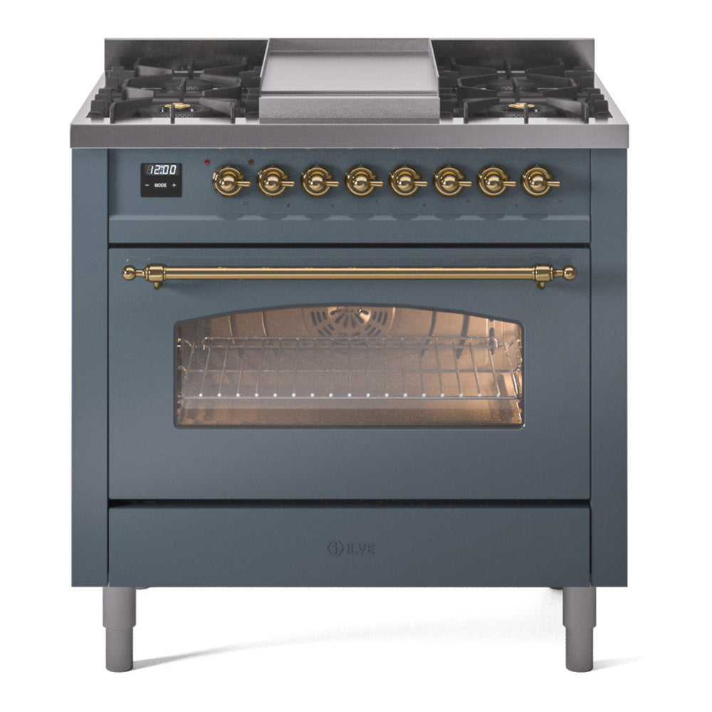 ILVE Nostalgie II 36" Dual Fuel Range - 6 Burners + Griddle, 3.5 cu. ft. Oven - Triple Glass Door - Blue Grey / Brass / Natural Gas
