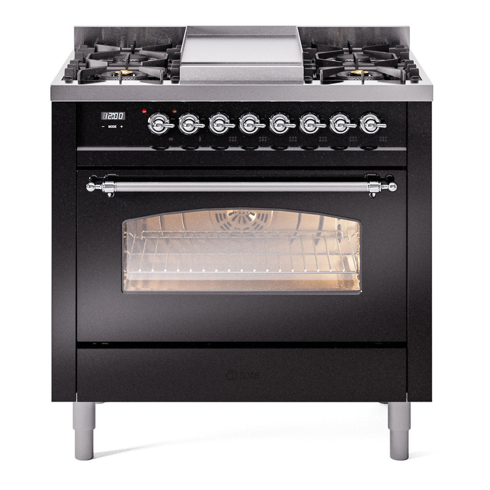 ILVE Nostalgie II 36" Dual Fuel Range - 6 Burners + Griddle, 3.5 cu. ft. Oven - Triple Glass Door - Glossy Black / Chrome / Natural Gas