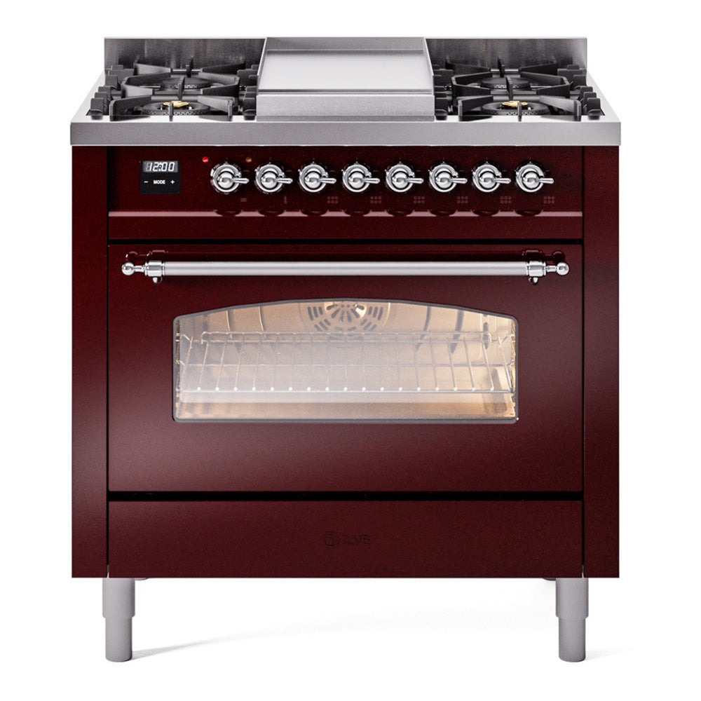 ILVE Nostalgie II 36" Dual Fuel Range - 6 Burners + Griddle, 3.5 cu. ft. Oven - Triple Glass Door - Burgundy / Chrome / Natural Gas