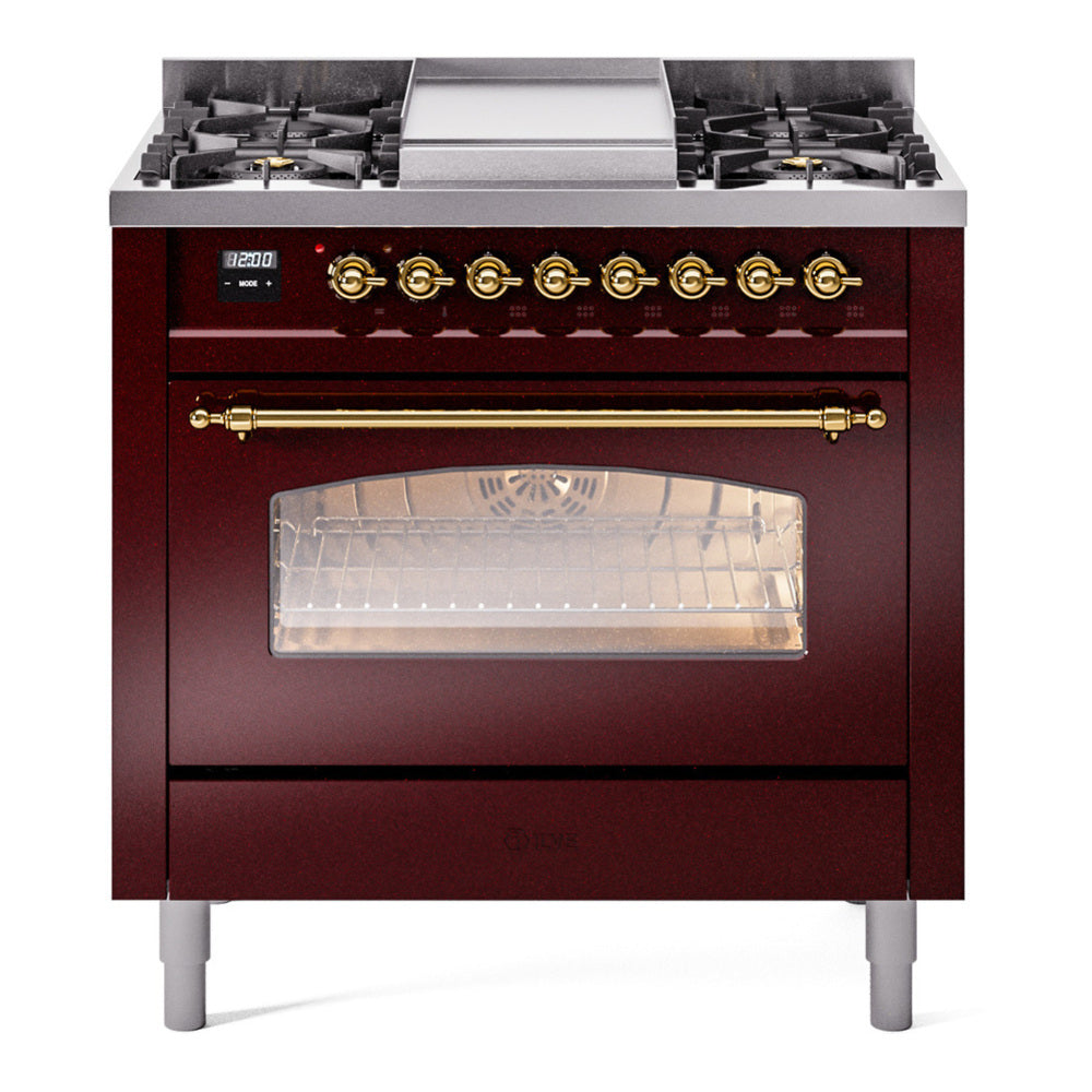 ILVE Nostalgie II 36" Dual Fuel Range - 6 Burners + Griddle, 3.5 cu. ft. Oven - Triple Glass Door - Burgundy / Brass / Natural Gas