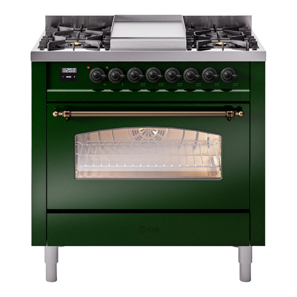 ILVE Nostalgie II 36" Dual Fuel Range - 6 Burners + Griddle, 3.5 cu. ft. Oven - Triple Glass Door - Emerald Green / Bronze / Natural Gas