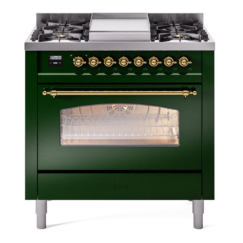ILVE Nostalgie II 36" Dual Fuel Range - 6 Burners + Griddle, 3.5 cu. ft. Oven - Triple Glass Door - Emerald Green / Brass / Natural Gas
