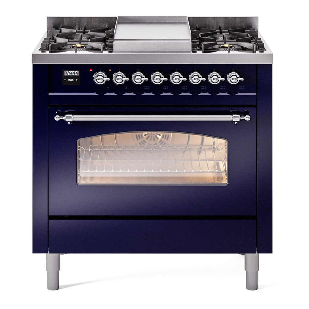 ILVE Nostalgie II 36" Dual Fuel Range - 6 Burners + Griddle, 3.5 cu. ft. Oven - Triple Glass Door - Midnight Blue / Chrome / Natural Gas