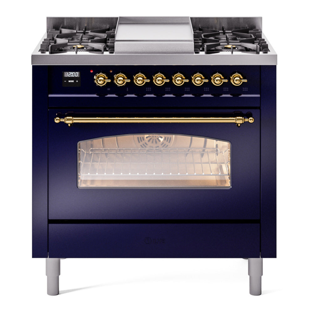 ILVE Nostalgie II 36" Dual Fuel Range - 6 Burners + Griddle, 3.5 cu. ft. Oven - Triple Glass Door - Midnight Blue / Brass / Natural Gas