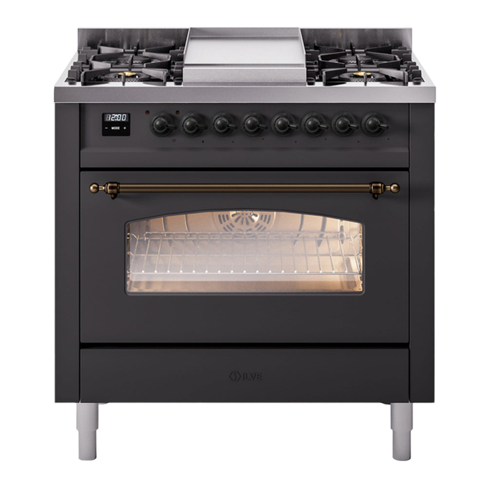 ILVE Nostalgie II 36" Dual Fuel Range - 6 Burners + Griddle, 3.5 cu. ft. Oven - Triple Glass Door - Graphite Matte / Bronze / Natural Gas