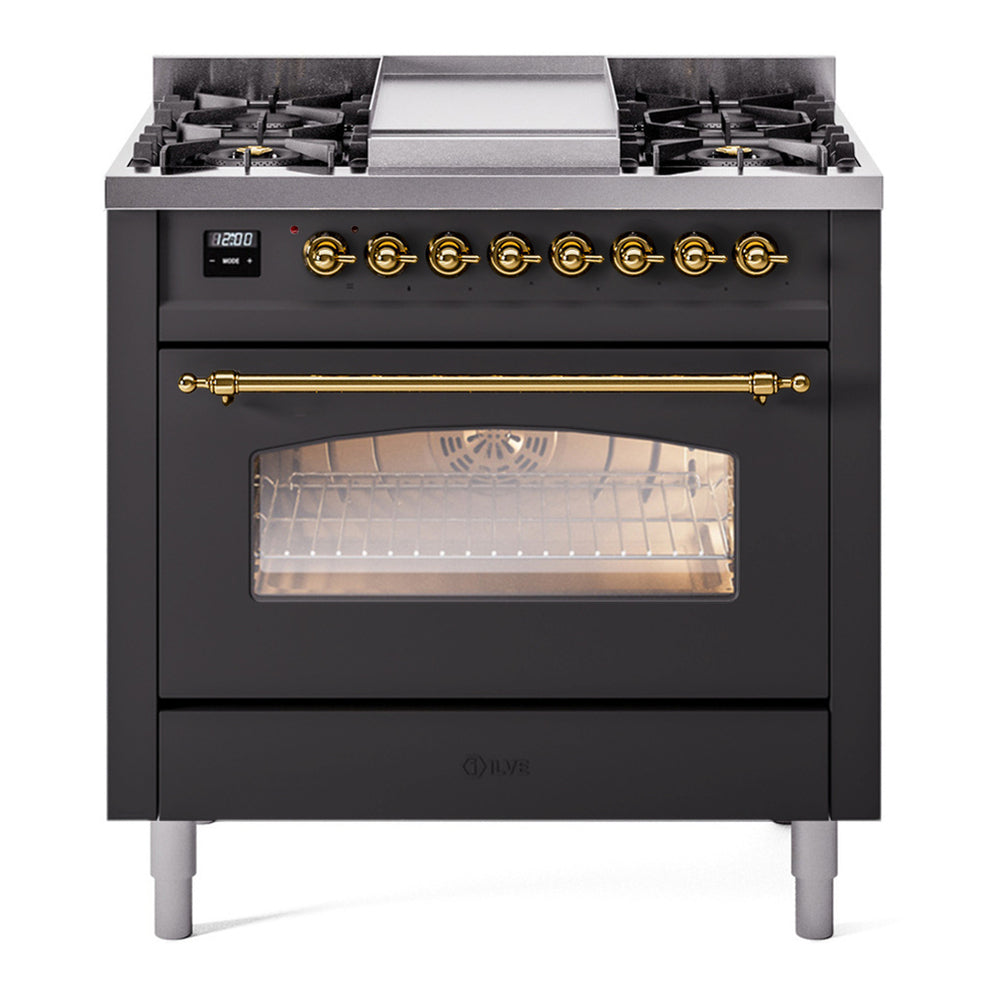 ILVE Nostalgie II 36" Dual Fuel Range - 6 Burners + Griddle, 3.5 cu. ft. Oven - Triple Glass Door - Graphite Matte / Brass / Natural Gas