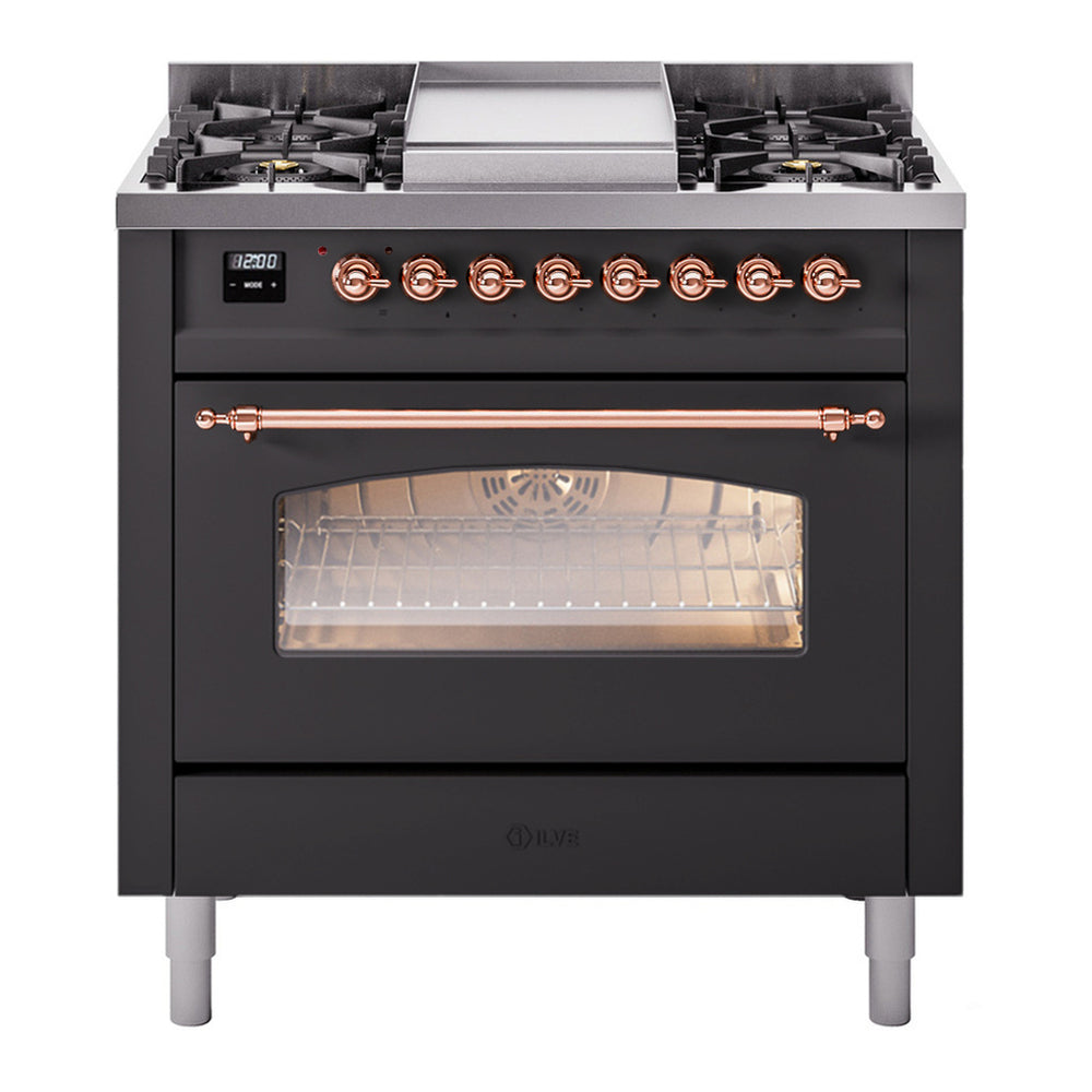 ILVE Nostalgie II 36" Dual Fuel Range - 6 Burners + Griddle, 3.5 cu. ft. Oven - Triple Glass Door - Graphite Matte / Copper / Natural Gas