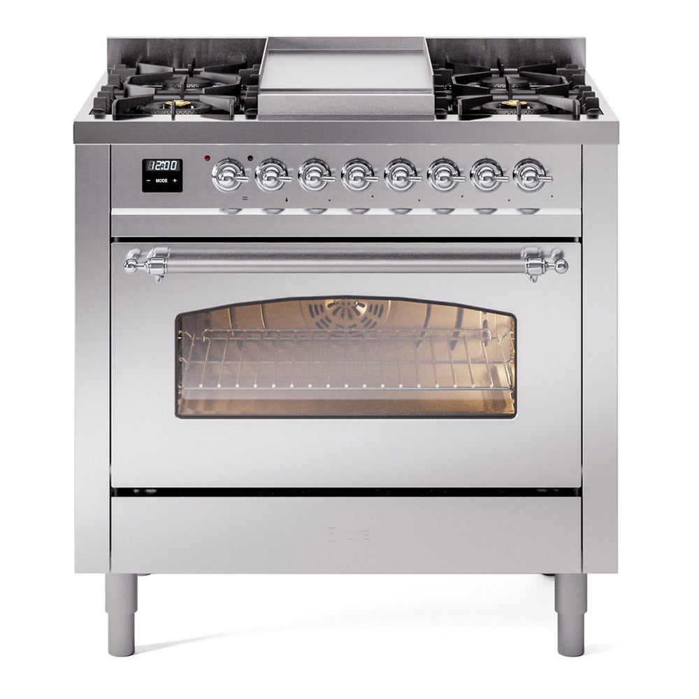 ILVE Nostalgie II 36" Dual Fuel Range - 6 Burners + Griddle, 3.5 cu. ft. Oven - Triple Glass Door - Stainless Steel / Chrome / Natural Gas