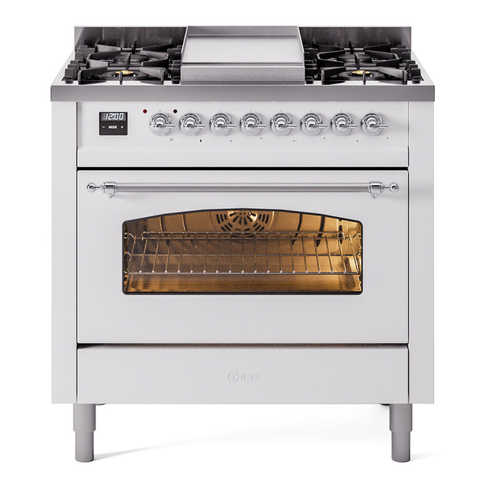 ILVE Nostalgie II 36" Dual Fuel Range - 6 Burners + Griddle, 3.5 cu. ft. Oven - Triple Glass Door - White / Chrome / Natural Gas