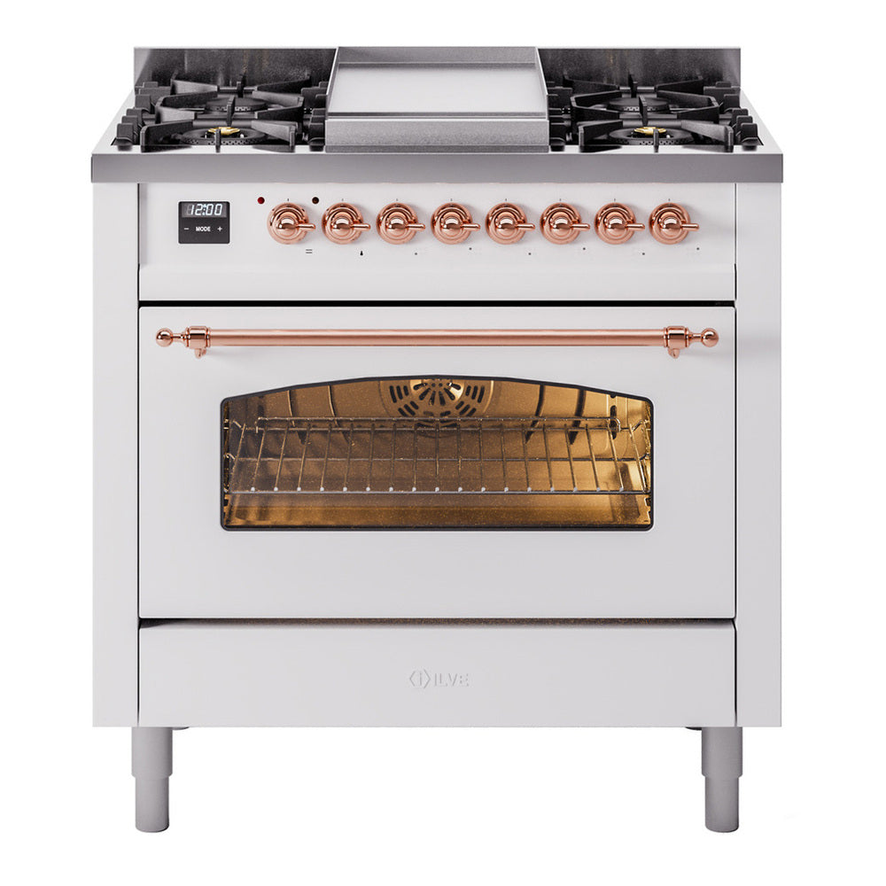 ILVE Nostalgie II 36" Dual Fuel Range - 6 Burners + Griddle, 3.5 cu. ft. Oven - Triple Glass Door - White / Copper / Natural Gas