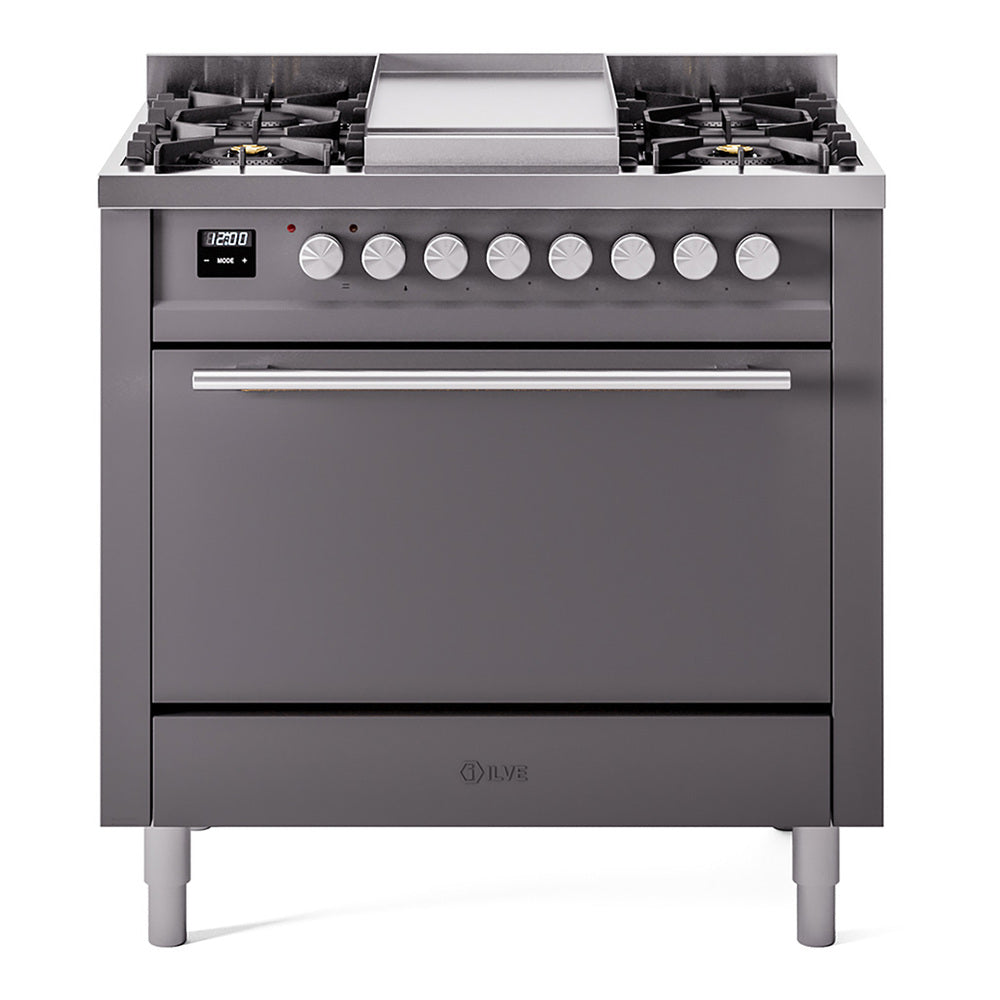 ILVE Professional Plus II 36" Dual Fuel Range - 6 Burners + Griddle, 3.5 cu. ft. Oven - Solid Door - Graphite Matte / Natural Gas