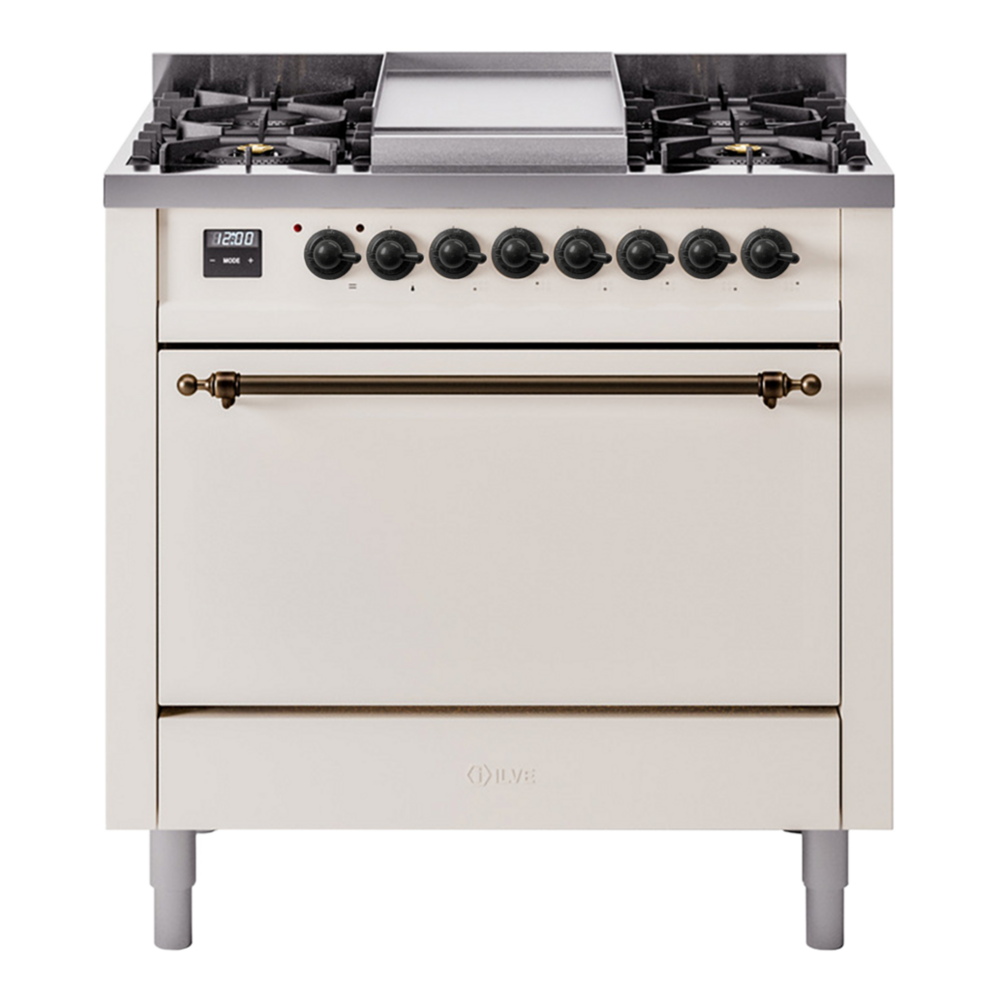 ILVE Nostalgie II 36" Dual Fuel Range - 6 Burners + Griddle, 3.5 cu. ft. Oven - Solid Door - Antique White / Bronze / Natural Gas