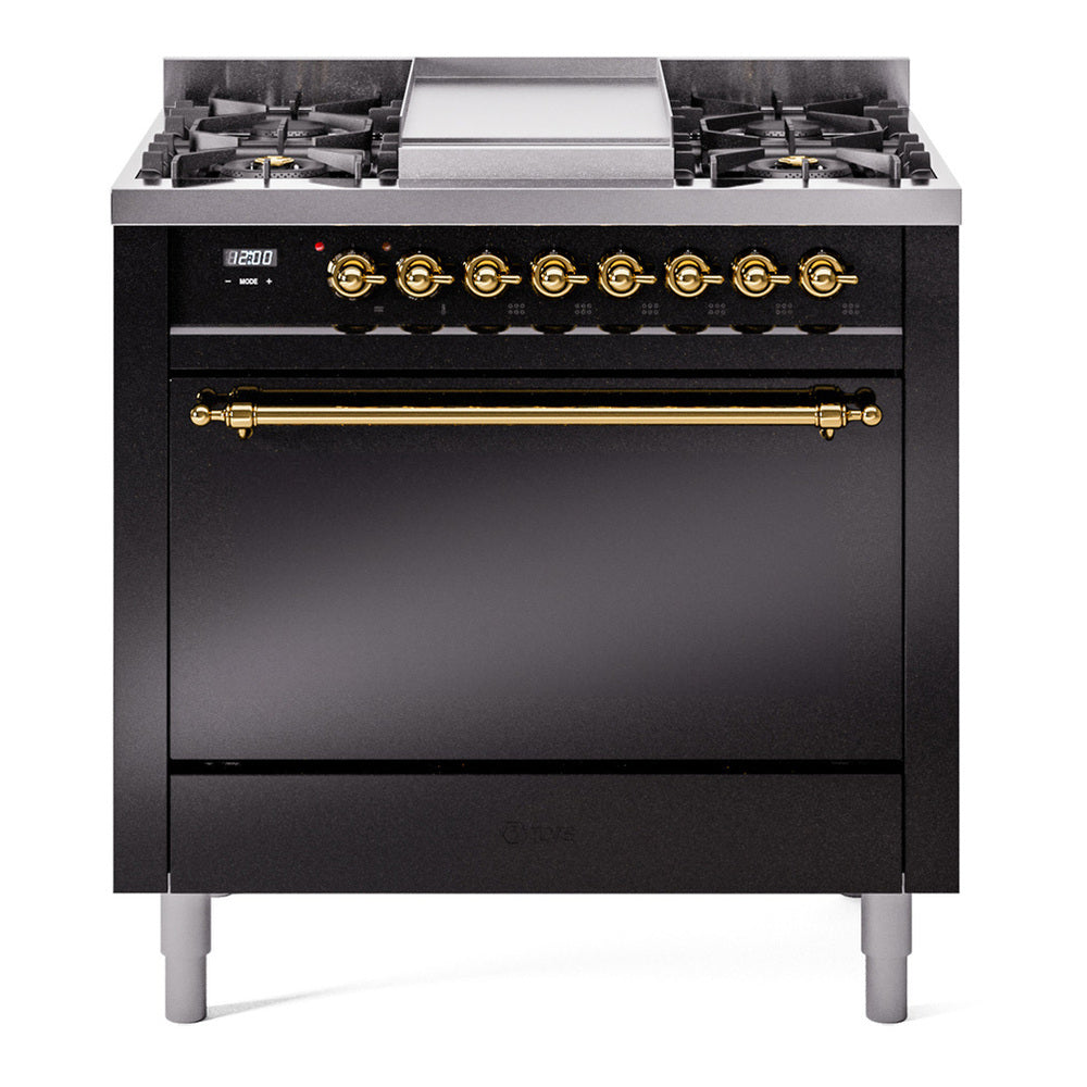 ILVE Nostalgie II 36" Dual Fuel Range - 6 Burners + Griddle, 3.5 cu. ft. Oven - Solid Door - Glossy Black / Brass / Natural Gas